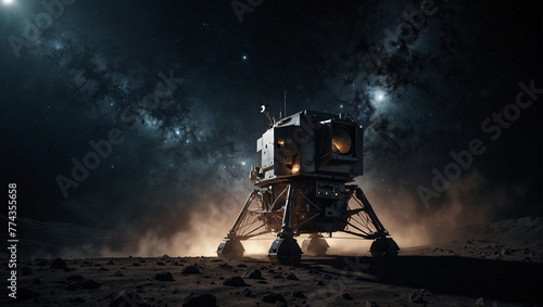 Moon lander stands on surface of remote distant planet or moon poorly lit by light of stars and sun photo