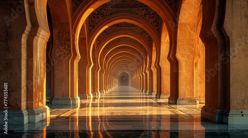 A long, narrow hallway with arched doorways and a sunlit atmosphere. The arches create a sense of grandeur and the sunlight adds a warm, inviting ambiance