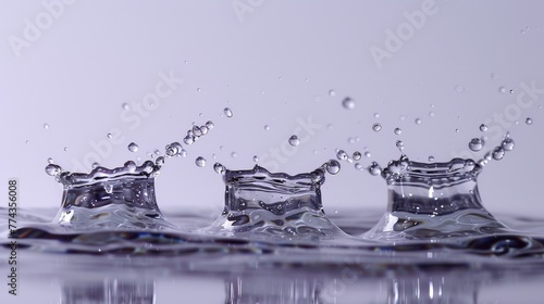 Three water droplets are splashing in the air, creating a beautiful and serene scene. The water droplets are small and clear, reflecting the light and creating a sense of calmness