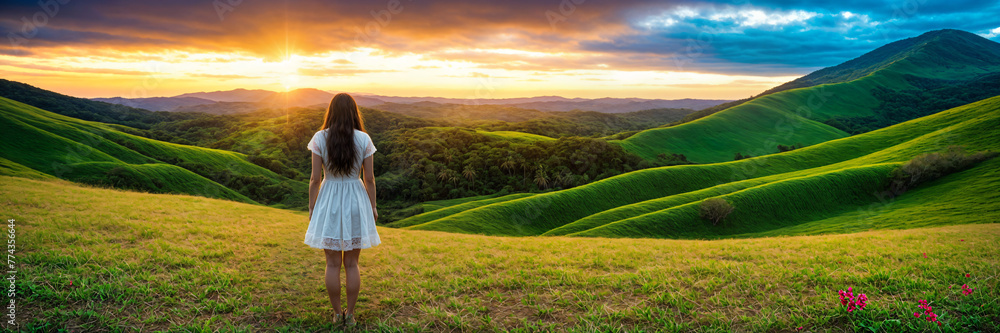 Fototapeta premium Hilltop Haven: Captivating Girl Enjoying the Spring Flowers