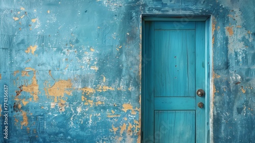 A blue door with a rusty knob sits in front of a blue wall. The door is open, and the wall is covered in peeling paint. The scene gives off a feeling of abandonment and neglect