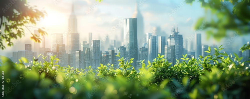 3D render showcasing the contrast between a polluted city and a green, sustainable city - obrazy, fototapety, plakaty 