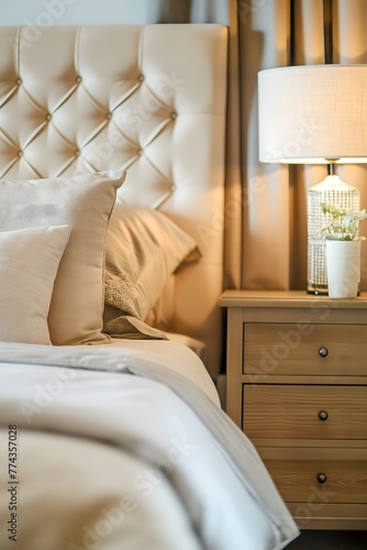 Nahaufnahme eines Nachttisches neben dem Bett mit beiger Bettwäsche. Französisches Landhaus-Innendesign eines modernen Schlafzimmers