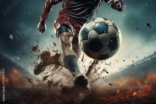 Konzept Action Fußball, Fußballspieler rennt dem Ball hinterher, Dynamische Bewegung, Schuss aufs Tor