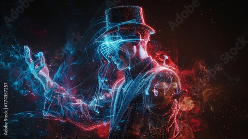 A man in a hat is surrounded by smoke and fire. The man is holding his hand up in the air, as if he is trying to catch something. The smoke and fire create a sense of chaos and danger photo