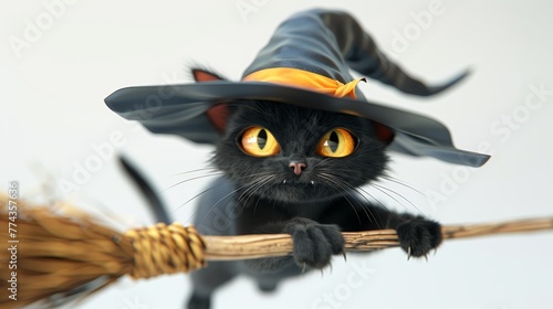 A black cat wearing a witch's hat is holding a broom. The cat is looking at the camera with a mischievous expression. The image has a playful and whimsical mood