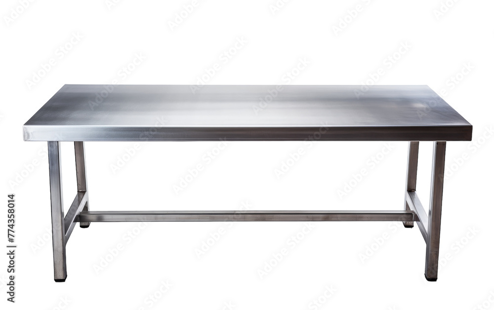 A sleek stainless steel table shines brightly against a clean white background A sleek stainless steel table shines brightly against a clean white background