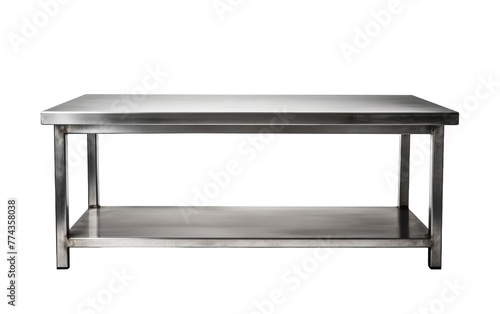 A sleek stainless steel table stands gracefully on a pristine white background