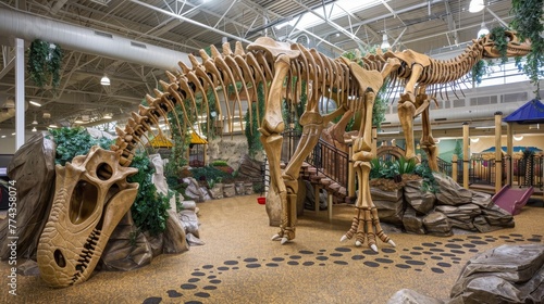 Fototapeta Naklejka Na Ścianę i Meble -  Dinosaur Jungle Gym A prehistoric playground filled with towering dinosaur skeletons fossilized footprints and climbing vines  AI generated illustration