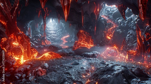 Dragons Lair A fantastical D cavern inhabited by fierce dragons glowing crystals and bubbling lava pools  AI generated illustration photo