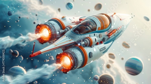 Fototapeta Naklejka Na Ścianę i Meble -  A spaceship is flying through space with a bunch of planets in the background. The spaceship is orange and white and has a red engine