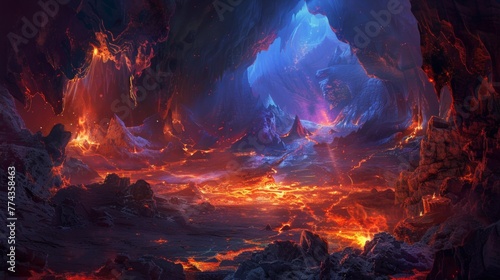 Dragons Lair A mythical cavern deep within the mountains with glowing crystals bubbling lava pools and fearsome dragons AI generated illustration photo