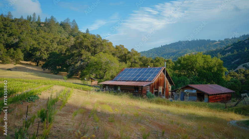 EcoFriendly Farmstead Cinematic shots of a selfsufficient farmstead powered by renewable energy with passive solar design rainwater catchment  AI generated illustration
