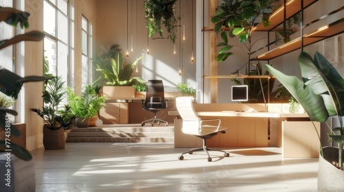 EcoFriendly Office Workspace A minimalist office workspace with sustainable furniture energyefficient lighting and indoor plants illuminated  AI generated illustration © Olive Studio