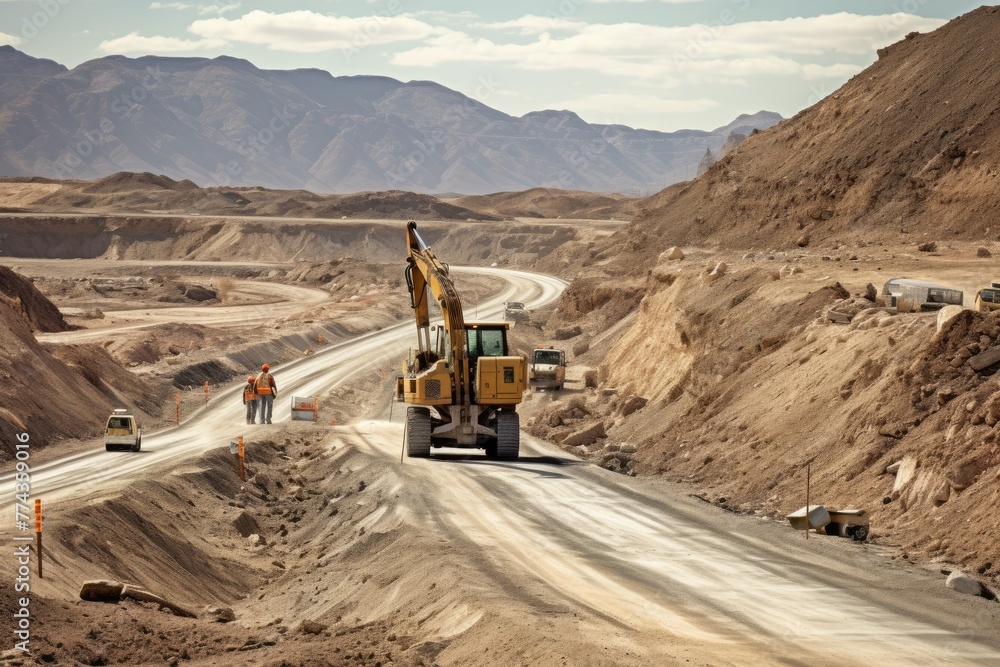 Highway construction in the desert, long straight road in the desert, High angle view on highway construction in a desertAi generated Highway construction in the desert, long straight road in the desert, High angle view on highway construction in a desertAi generated