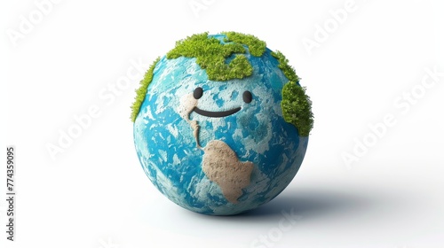 A cartoonish earth with a smiling face and green grass. The earth is surrounded by a white background
