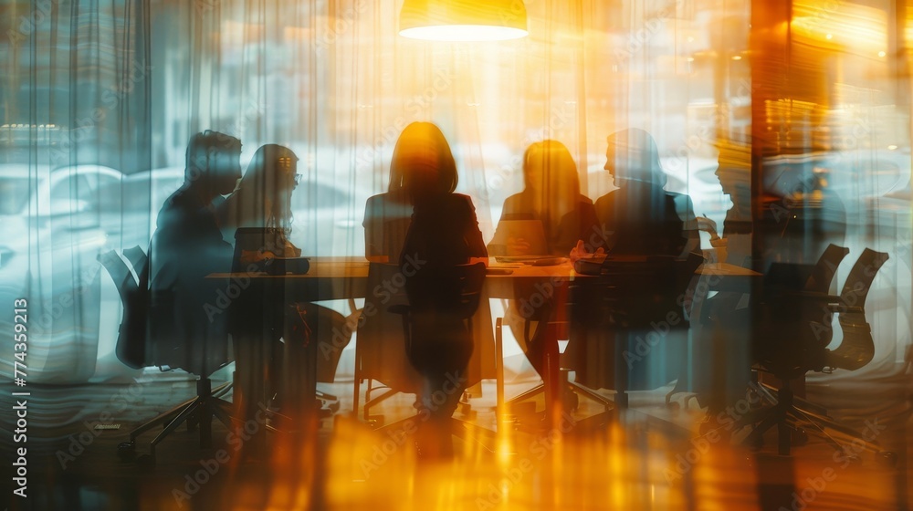 Employees in a blurred state of discussion around a conference table  AI generated illustration