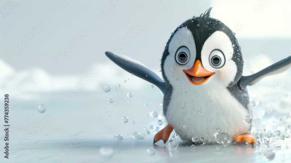 Fototapeta premium A penguin is playing in the water, with a splash of water on the ground. The penguin is happy and enjoying the moment