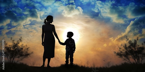 a silhouette of a mother and child holding hands and a sunset background