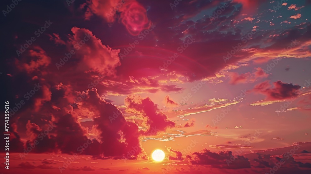 Epic Sunsets Cinematic shots of vibrant sunsets and dramatic skies capturing the aweinspiring colors and atmospheric phenomena that signal AI generated illustration