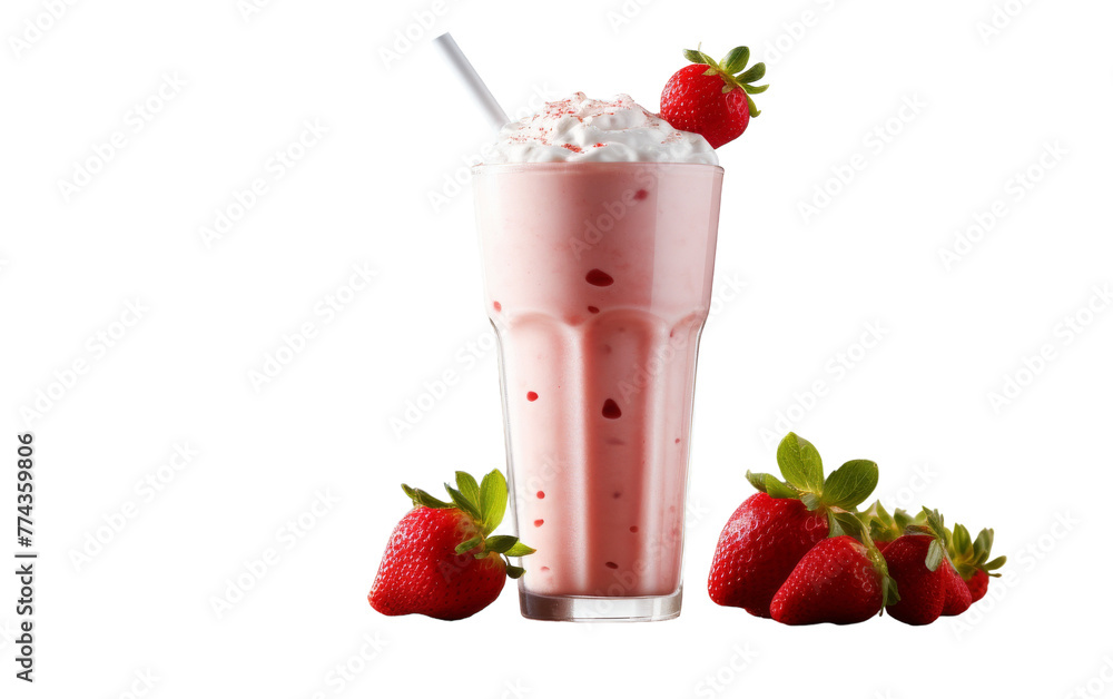A strawberry milkshake topped with whipped cream and fresh strawberries A strawberry milkshake topped with whipped cream and fresh strawberries