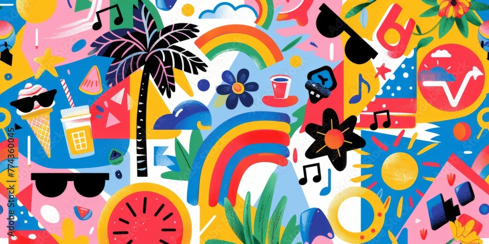 vibrant and colorful flat design with various icons representing summer background is filled with geometric shapes in bright colors captures the essence of summer fun Generative AI