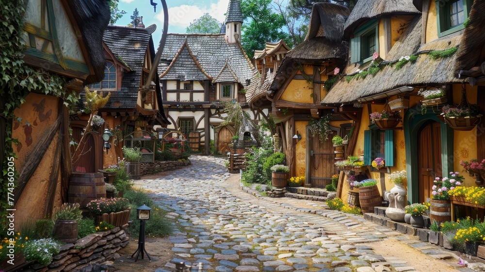 Fairy Tale Village A charming village straight out of a fairy tale with thatched cottages winding cobblestone streets and colorful market stalls  AI generated illustration