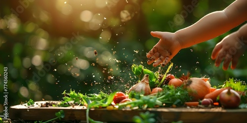 Childs hands tossing kitchen waste onto vintage board for composting in garden recycling for fertilizer . Concept Gardening, Composting, Recycling, Sustainable Living, Organic Fertilizer