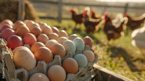 Farm Fresh Eggs Cinematic shots of freerange hens foraging on the farm with colorful eggs collected daily and sold at the farm store AI generated illustration photo