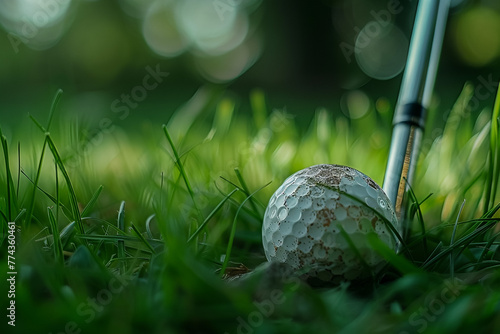 Golf ball on artificial grass in blue sky,Golf on tee.