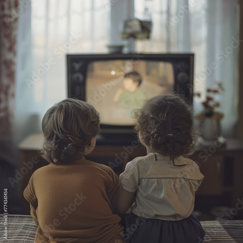 Children watching TV. Retro nostalgia vibe. Shot with analog camera on film © AI Studio - R