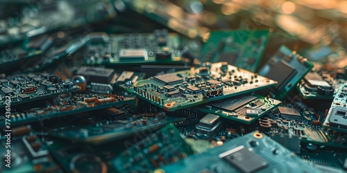 Selective Focus on Circuit Boards in an Electronic Waste Recycling Yard. Concept E-Waste Recycling, Circuit Boards, Selective Focus, Technology, Sustainability