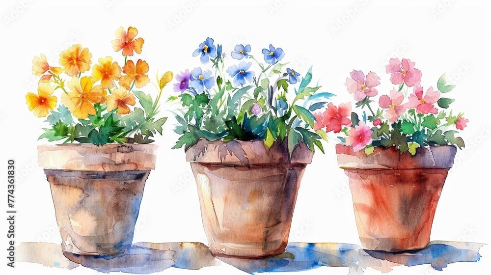 Watercolor Flower Pots on White Background Generative AI