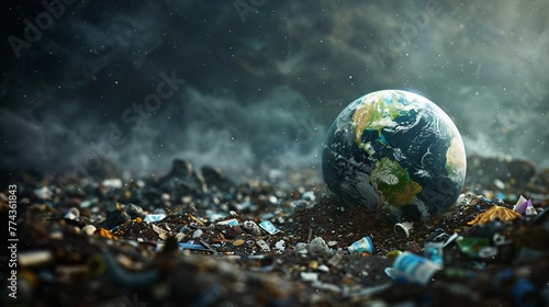  Earth globe in trash dump