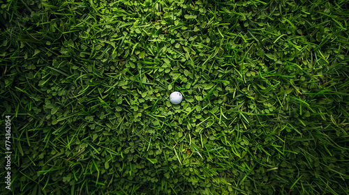 golf ball resting on bunker of lovely golf course with pale blue sky and shallow depth of field