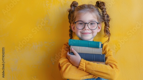 Little Girl With Glasses Holding Stack of Books