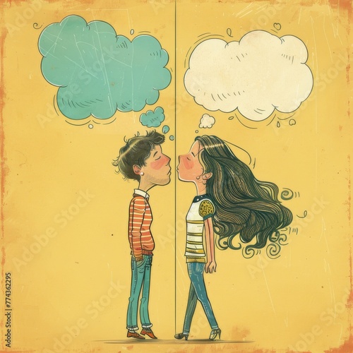 Man and Woman with Imaginative Cloud Thought Bubbles photo