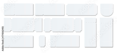 Ticket Empty template. Concert movie theater boarding blank white tickets lottery coupons . Vector