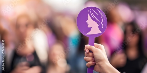 A woman holding a purple sign that says 