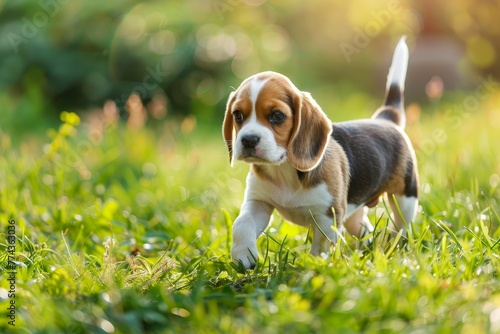 Beagle pup strolling on grassy field