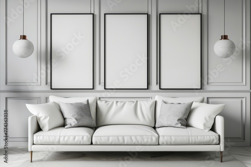 Three empty vertical picture frames on white wallpaper in a modern living room with white sofa, copy space, 3D rendering.