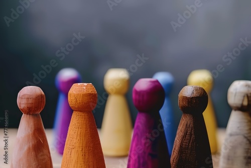 A group of wooden figurines with different colors and sizes