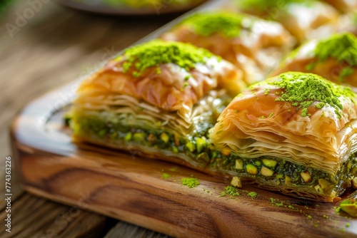 Closeup banner of Arabic sweets baklava kunafa kadayif with pistachio nuts and cheese
