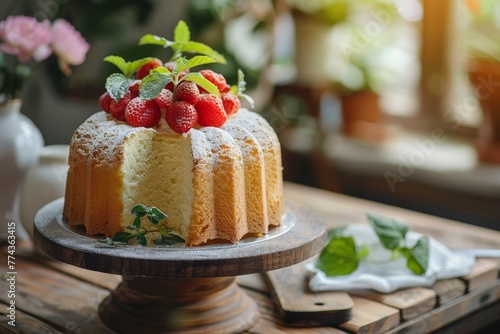 Chiffon cake on wooden surface