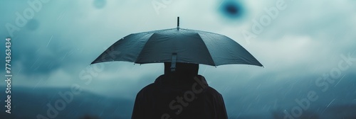 A person is standing under an umbrella in the rain