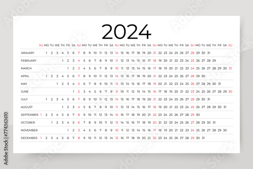 2024 calendar. Linear horizontal calender template. Week starts Sunday. Long yearly planner. photo