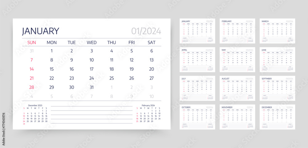 2024 year planner. Calendar template. Vector illustration. Week starts Sunday. 2024 year planner. Calendar template. Vector illustration. Week starts Sunday.