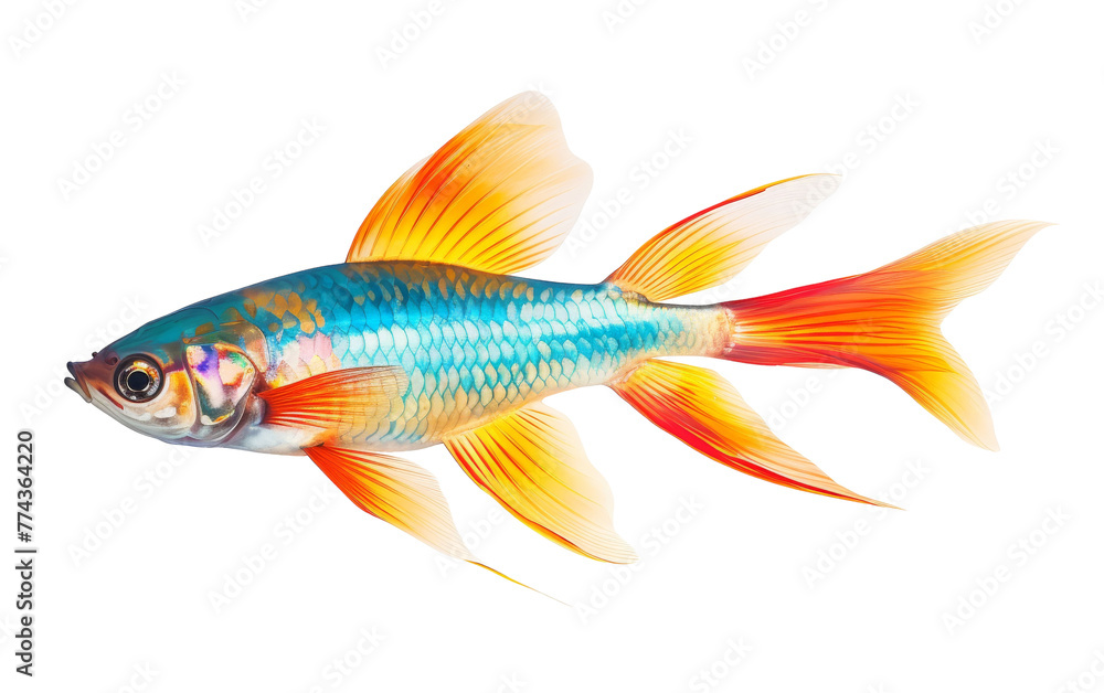 A goldfish with a brilliant blue tail and vibrant orange fins swims gracefully in a clear aquarium A goldfish with a brilliant blue tail and vibrant orange fins swims gracefully in a clear aquarium
