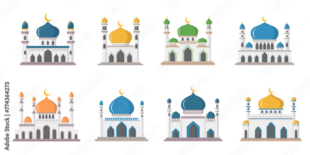 Vector cartoon flat islamic mosque set. Ramadan muslim icons collection isolated on white background. Arabian mosque buildings with minarets. Eid Al-Fitr illustration.