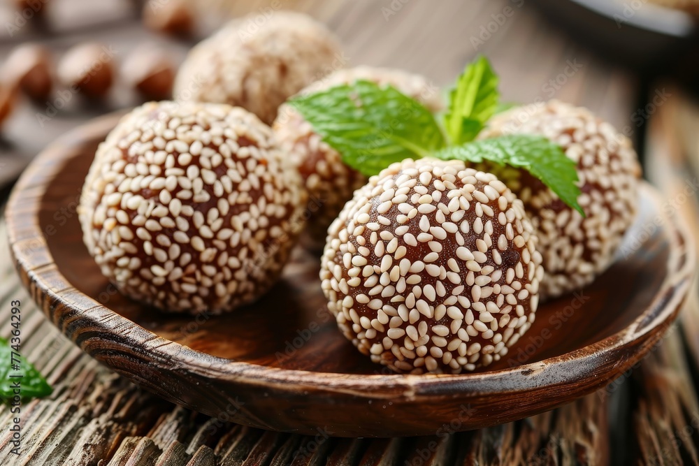 Closeup of tasty sesame balls with red bean paste on wooden surface Closeup of tasty sesame balls with red bean paste on wooden surface